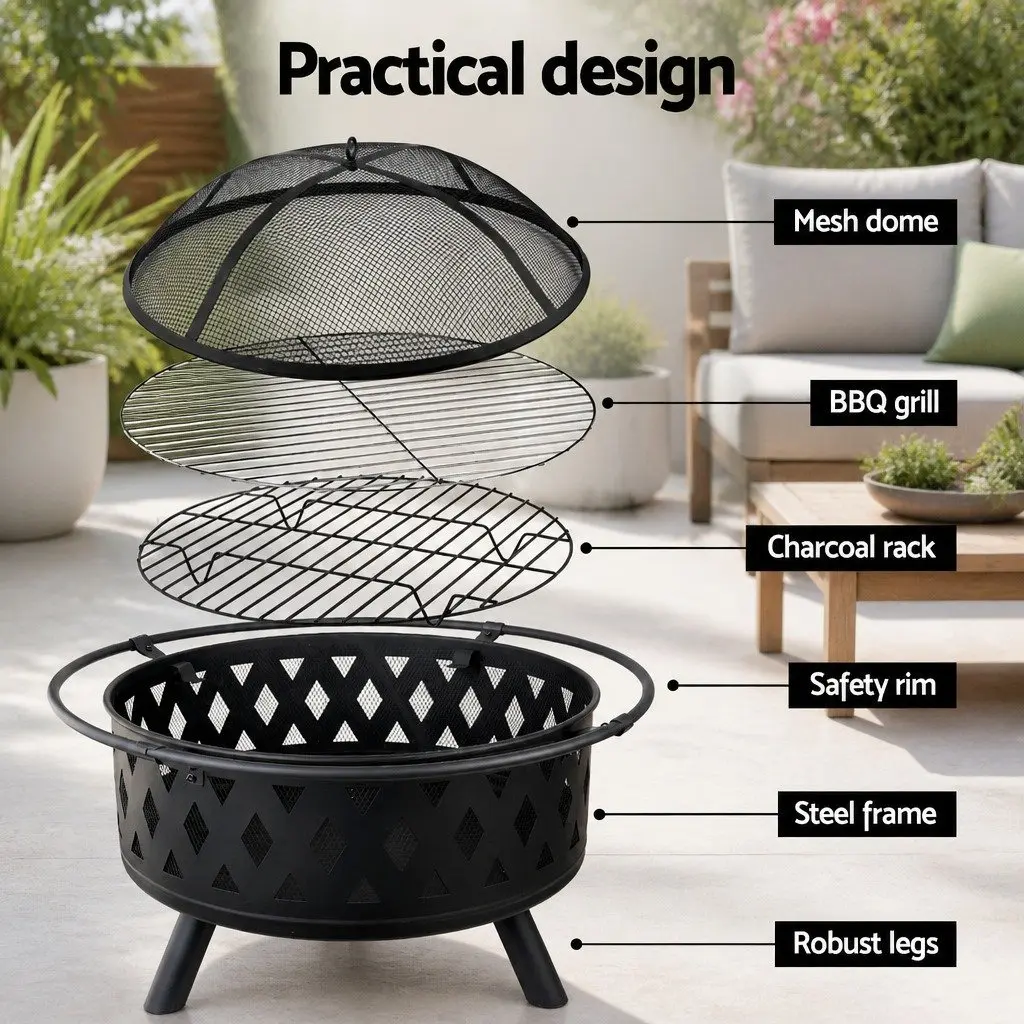 BBQ Grill Fire Pit Steel 82cm Black Outdoor Heating Cooking Garden Patio