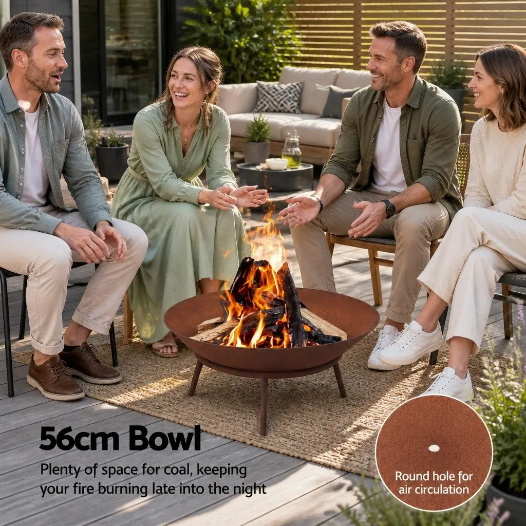 Fire Pit Iron 56cm Rust Outdoor Garden Patio Camping Portable