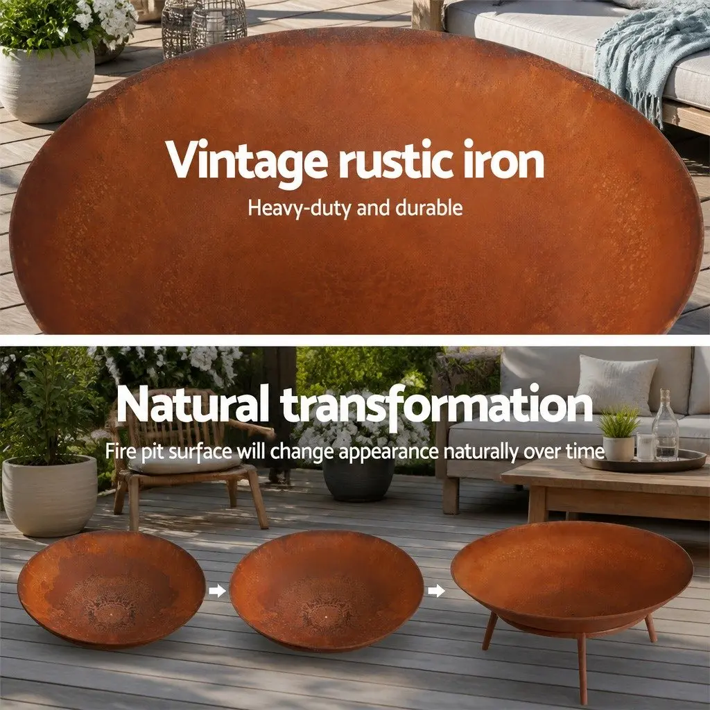 Fire Pit Iron 56cm Rust Outdoor Garden Patio Camping Portable