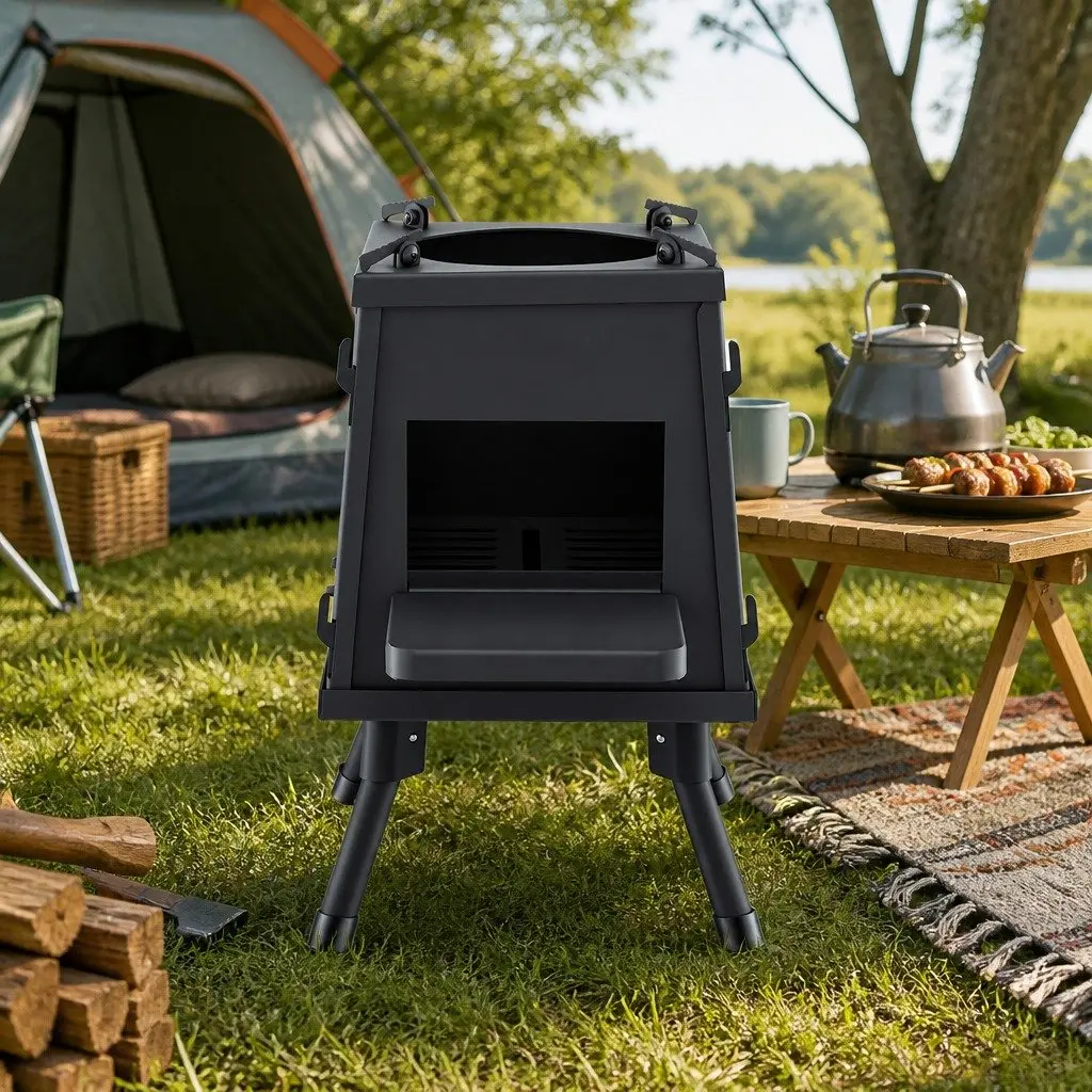 Portable Fire Pit Cast Iron Outdoor Cooking Black 24cm x 24cm x 39cm