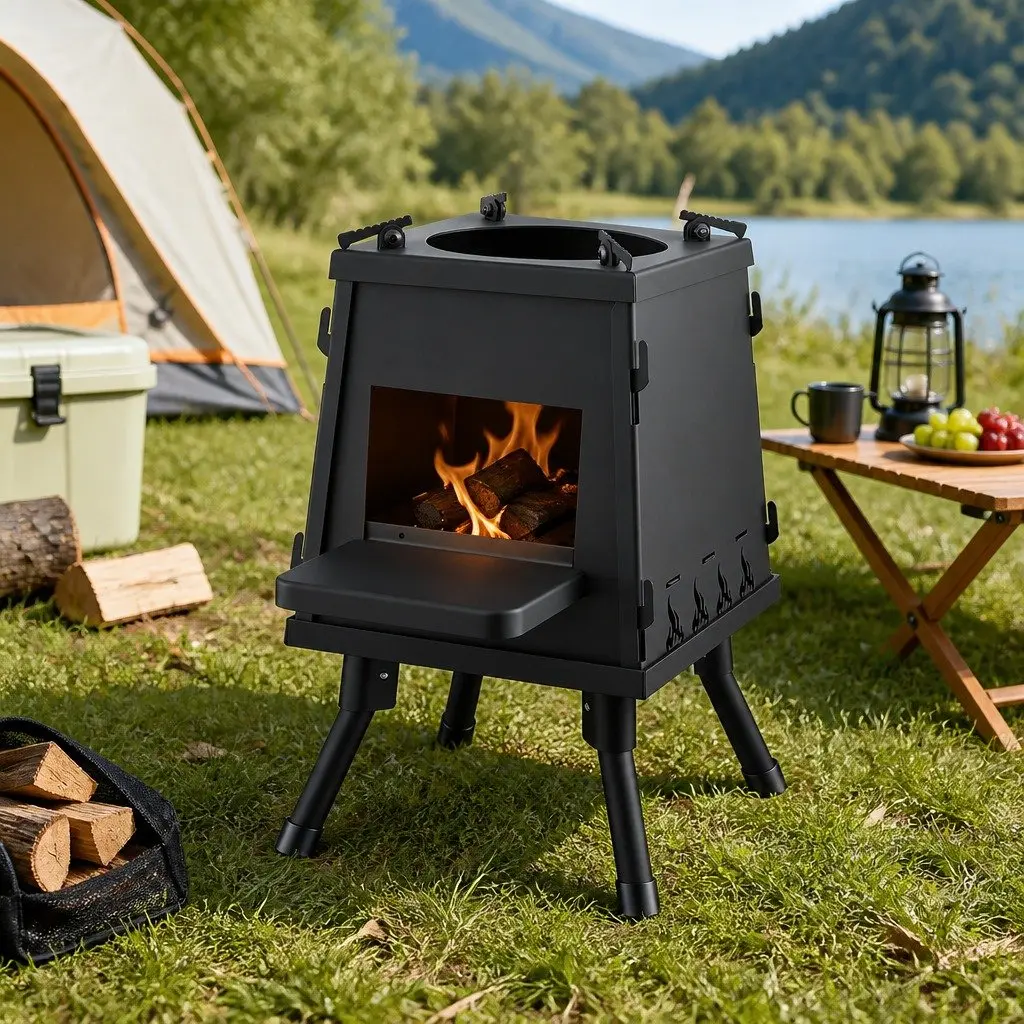 Portable Fire Pit Cast Iron Outdoor Cooking Black 24cm x 24cm x 39cm