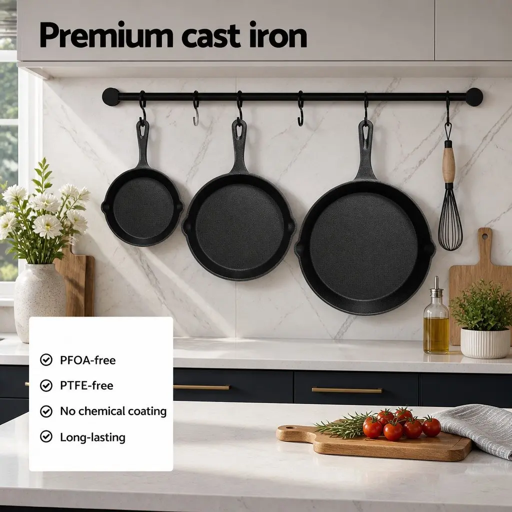 Cast Iron Frying Pan Set Non Stick 3 Piece Black