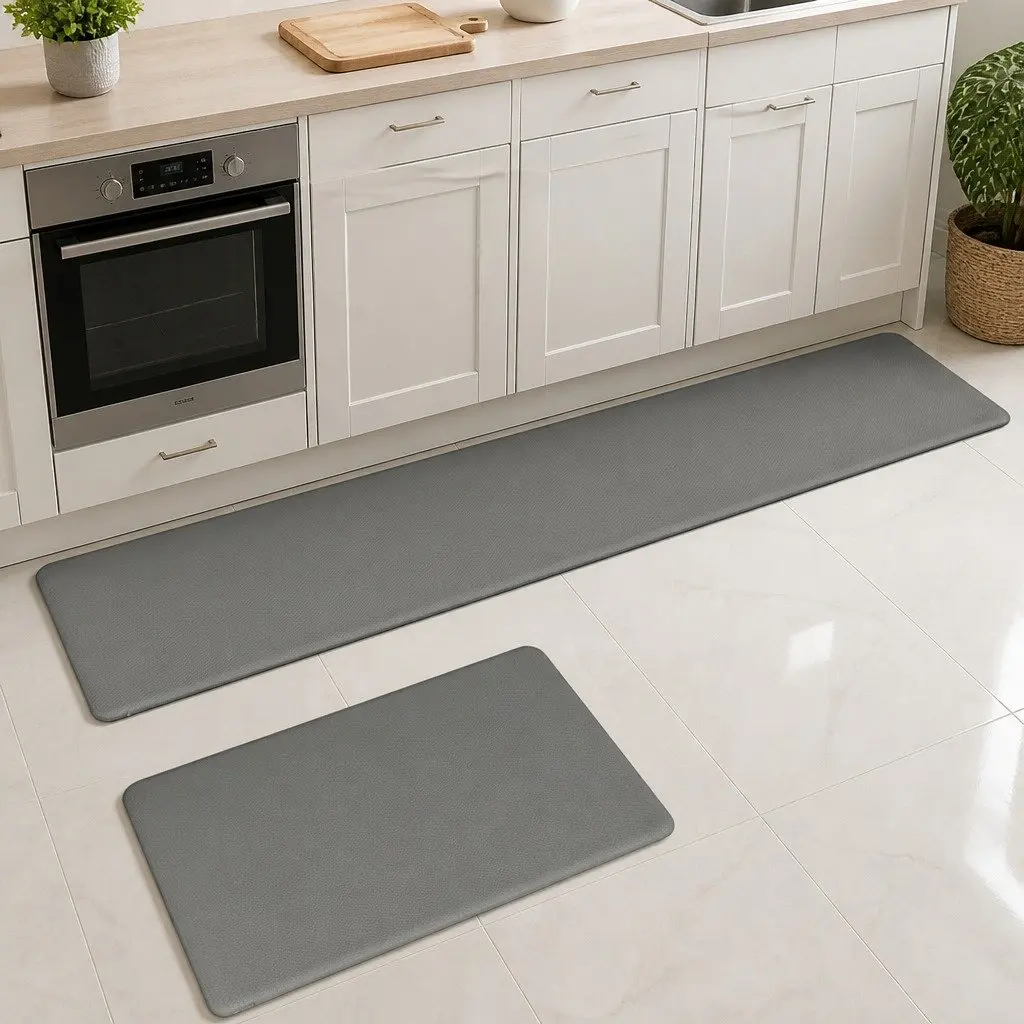 Kitchen Mat PU 10mm Grey Non Slip Anti Fatigue Soft Rug 2 Piece Set
