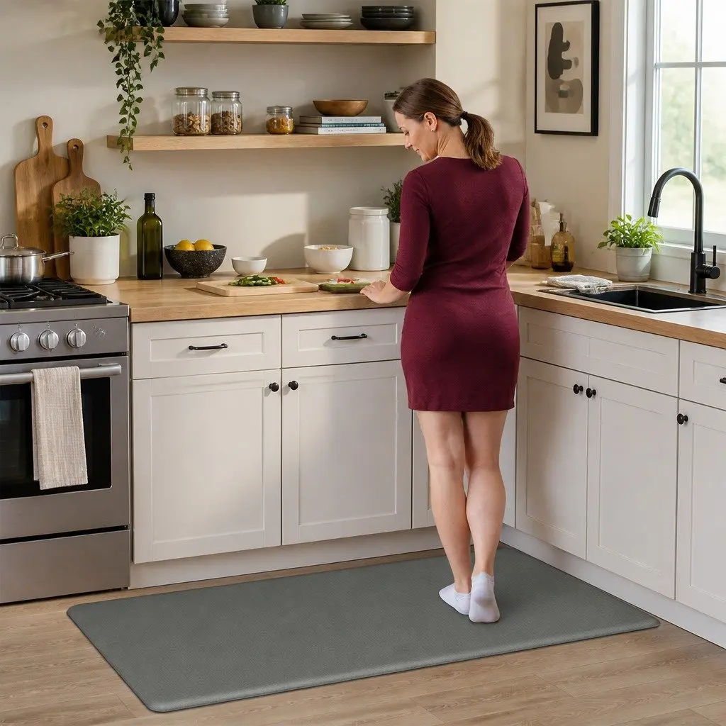 Kitchen Mat PU 10mm Grey Non Slip Anti Fatigue Soft Rug 2 Piece Set