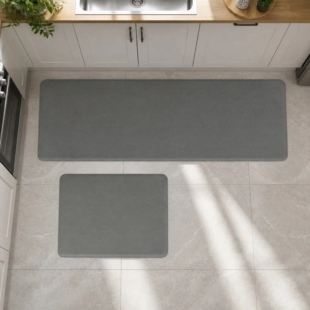 Kitchen Mat PU 10mm Grey Non Slip Anti Fatigue Soft Rug 2 Piece Set
