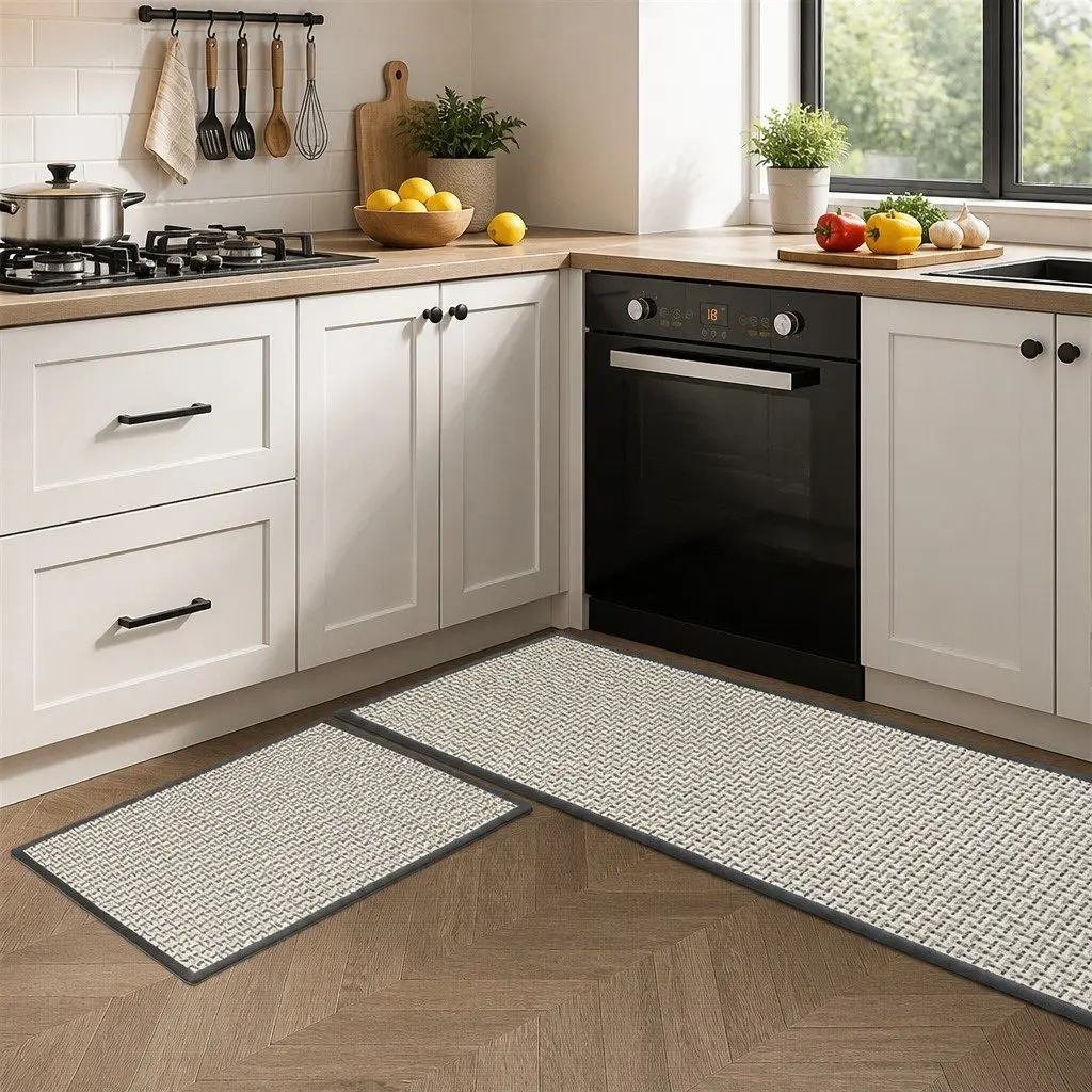 Kitchen Rug 2PCS Woven Non Slip Absorbent Mat Floor Protection Grey