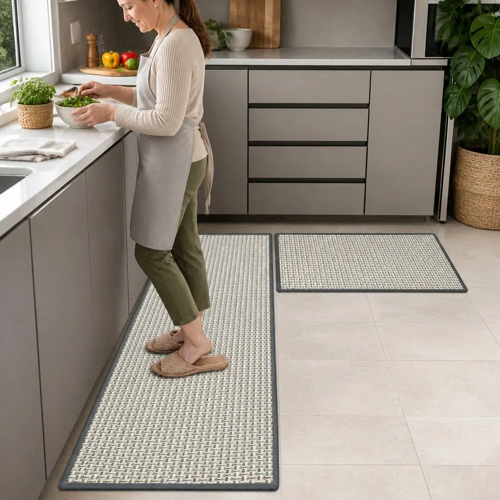 Kitchen Rug 2PCS Woven Non Slip Absorbent Mat Floor Protection Grey