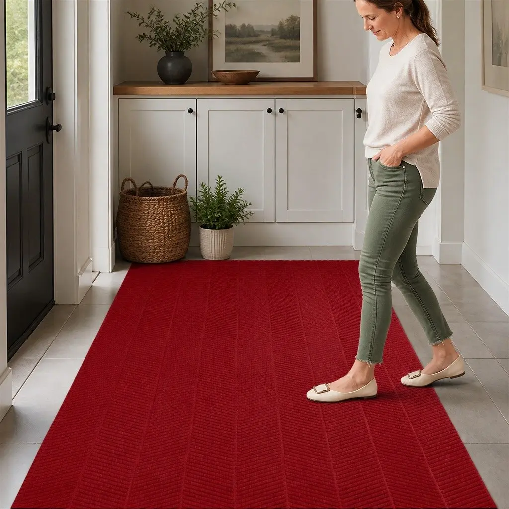 Floor Rug Anti Slip Non Slip 90cm x 305cm Tire Tread Design Red Mat