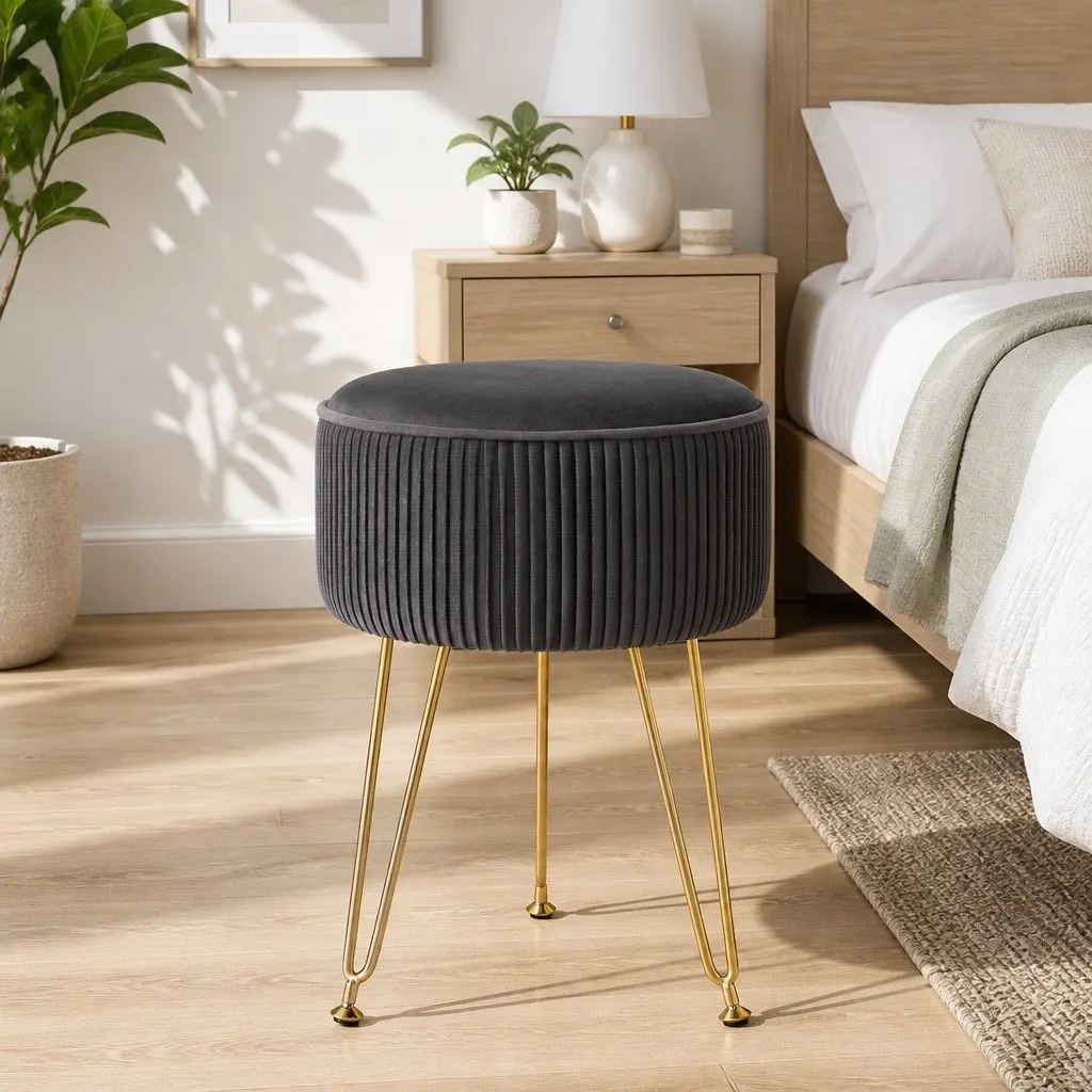 Round Ottoman Footstool Velvet 33cm Grey Metal Legs