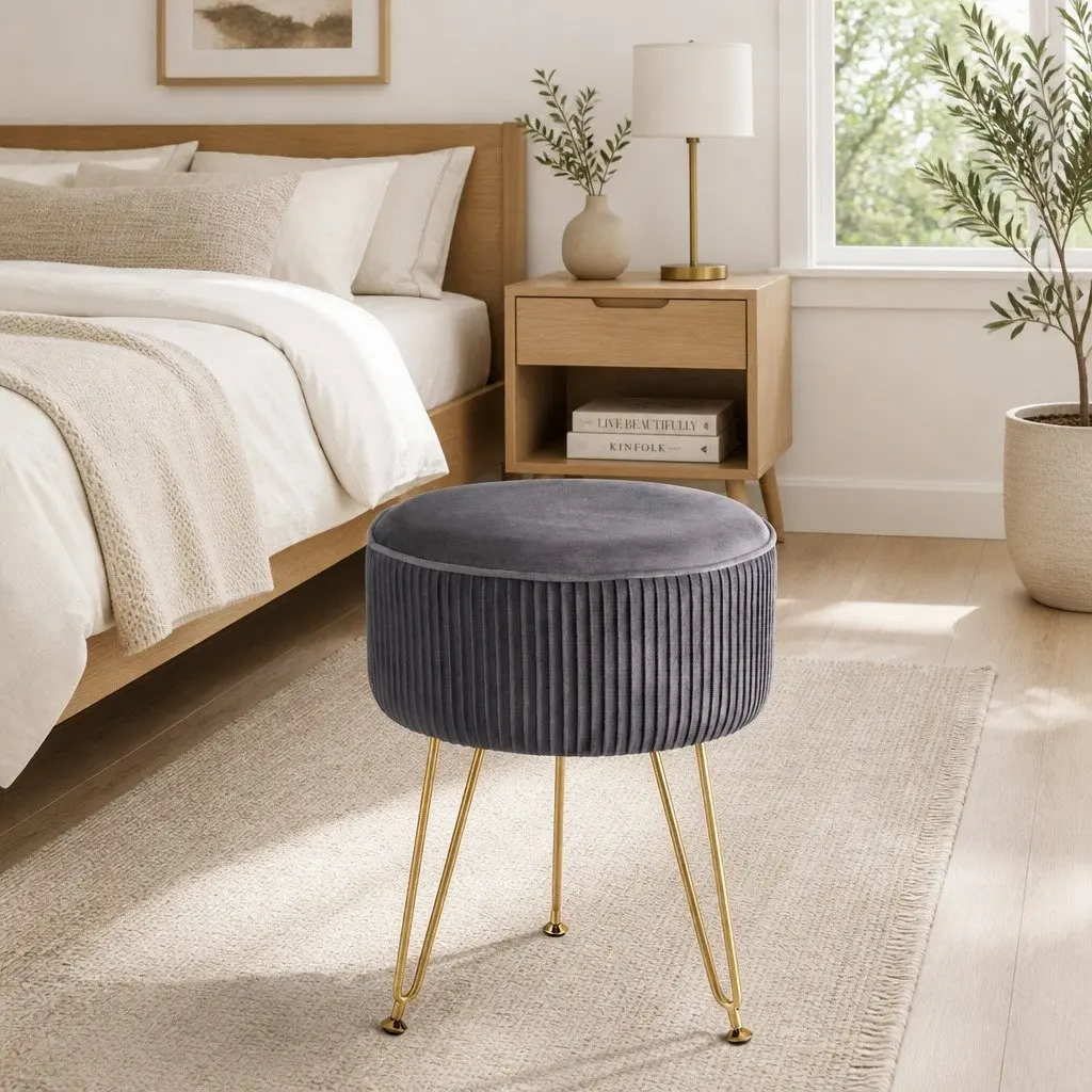 Round Ottoman Footstool Velvet 33cm Grey Metal Legs