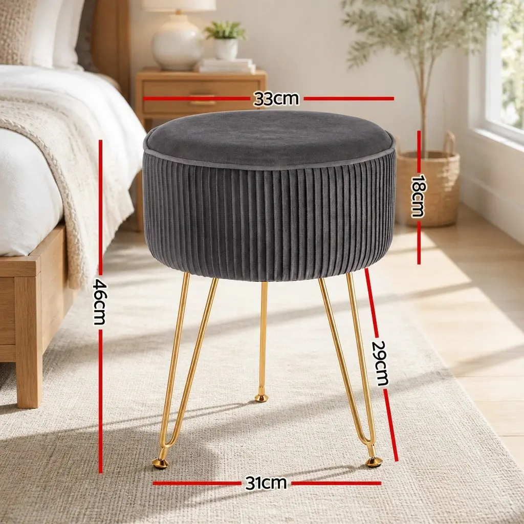 Round Ottoman Footstool Velvet 33cm Grey Metal Legs