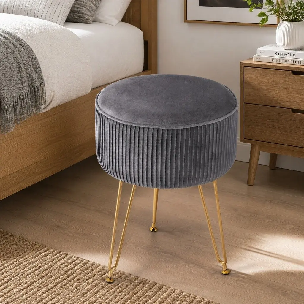 Round Ottoman Footstool Velvet 33cm Grey Metal Legs
