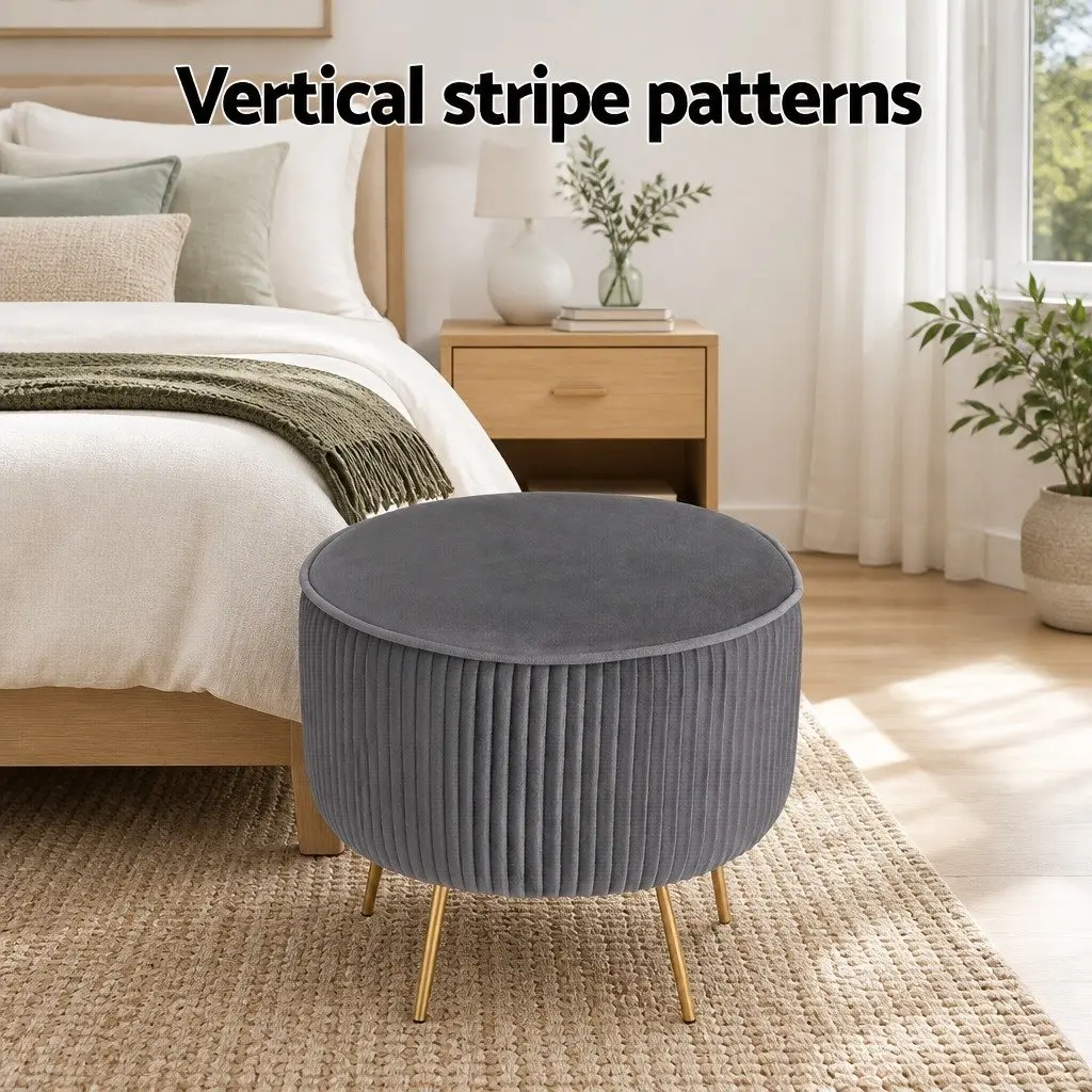 Round Ottoman Footstool Velvet 33cm Grey Metal Legs
