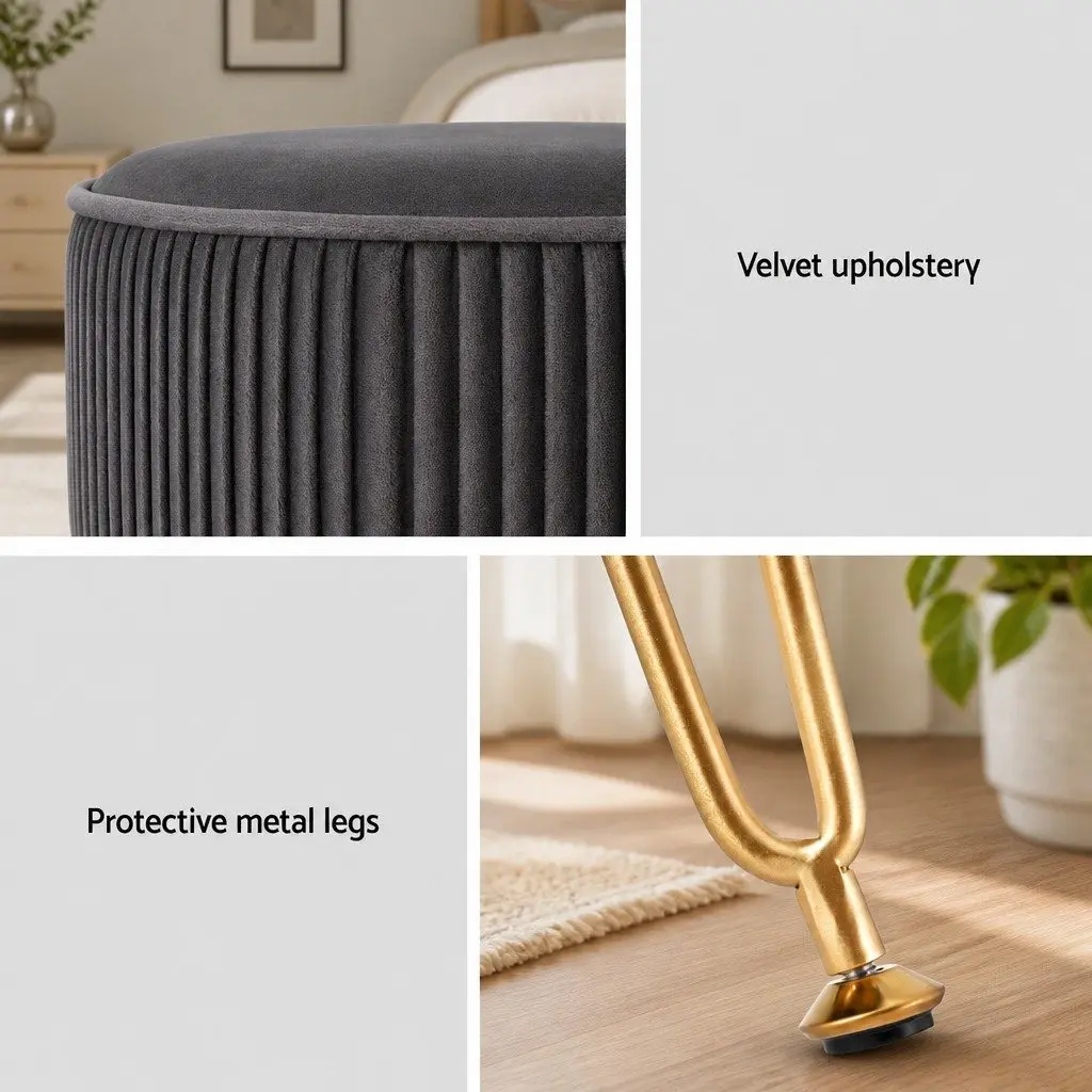 Round Ottoman Footstool Velvet 33cm Grey Metal Legs