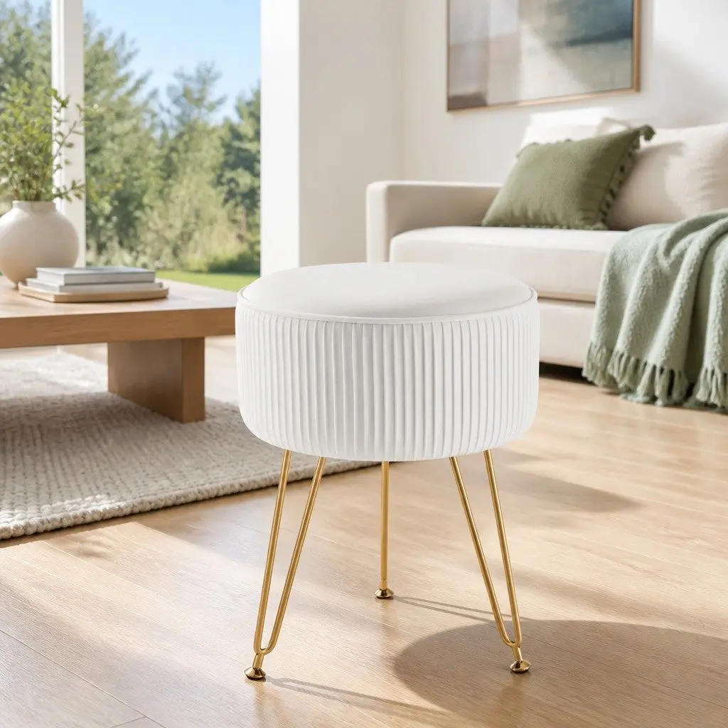 White Round Velvet Stripe Ottoman Footstool for Living Rooms