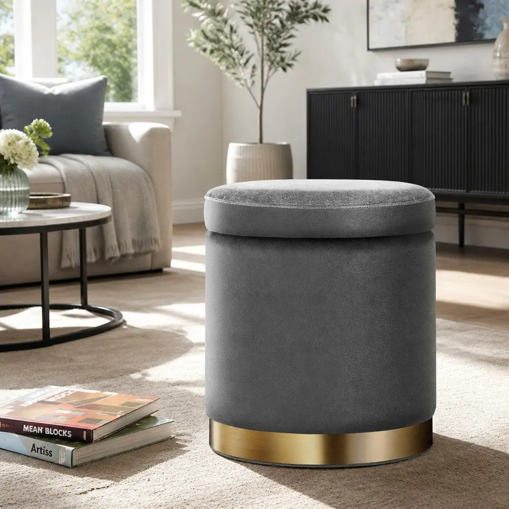 Storage Ottoman Footstool Velvet Charcoal Grey Round 40cm Living Room Furniture