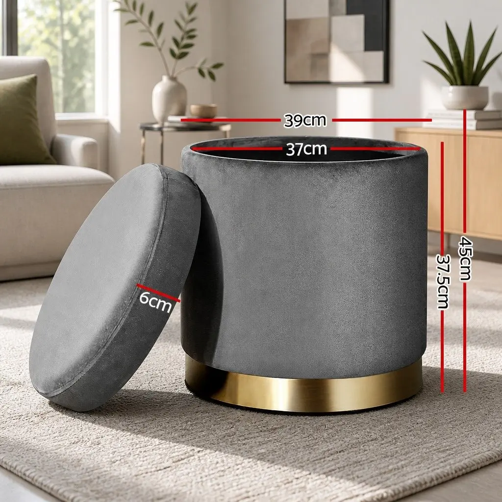 Storage Ottoman Footstool Velvet Charcoal Grey Round 40cm Living Room Furniture