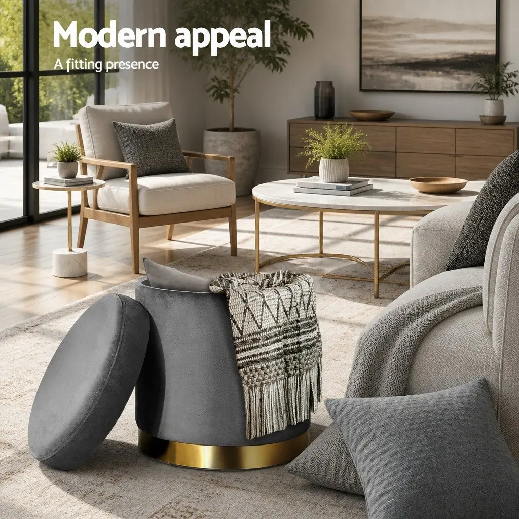 Storage Ottoman Footstool Velvet Charcoal Grey Round 40cm Living Room Furniture