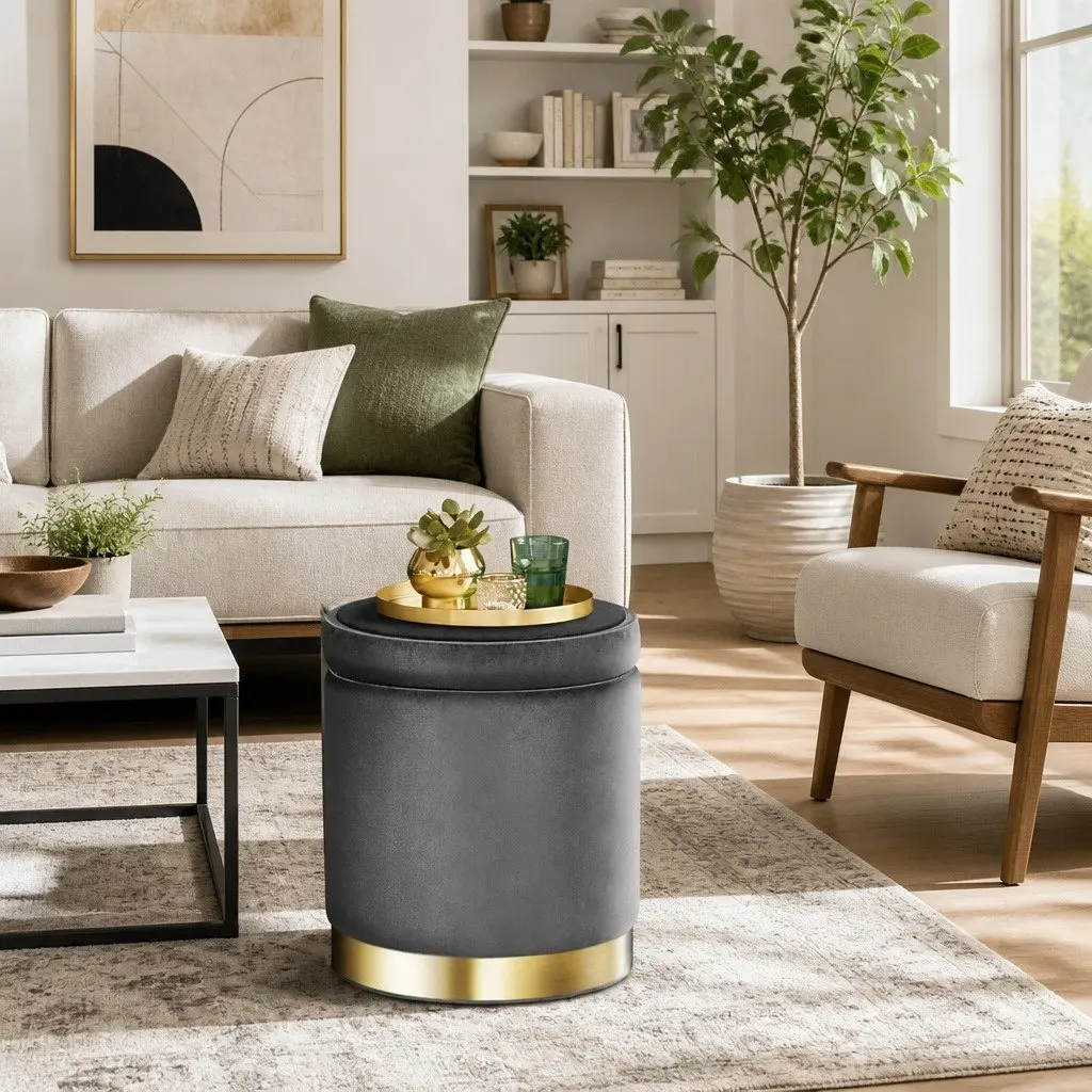 Storage Ottoman Footstool Velvet Charcoal Grey Round 40cm Living Room Furniture