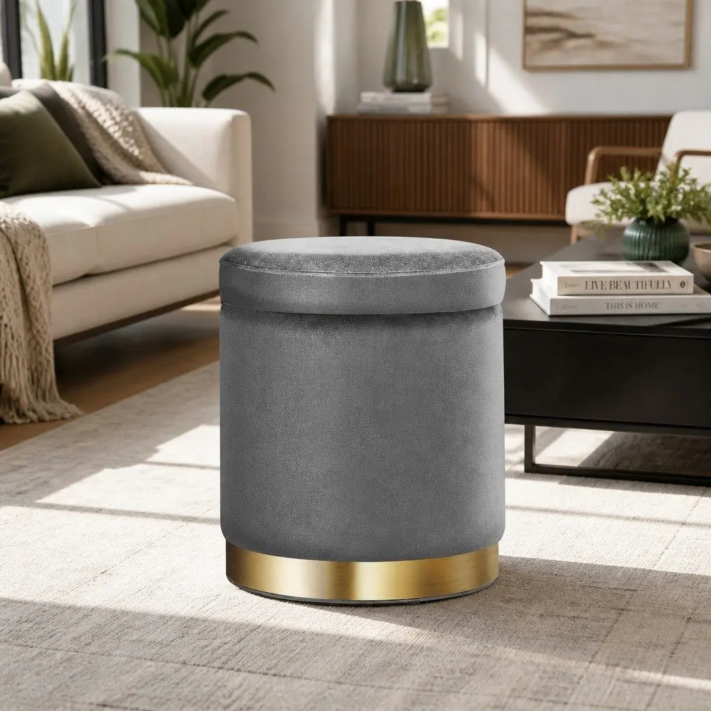 Storage Ottoman Footstool Velvet Charcoal Grey Round 40cm Living Room Furniture