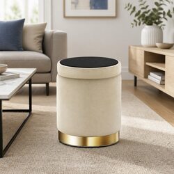 Cream Velvet Round Ottoman with Storage and Tufted Seat