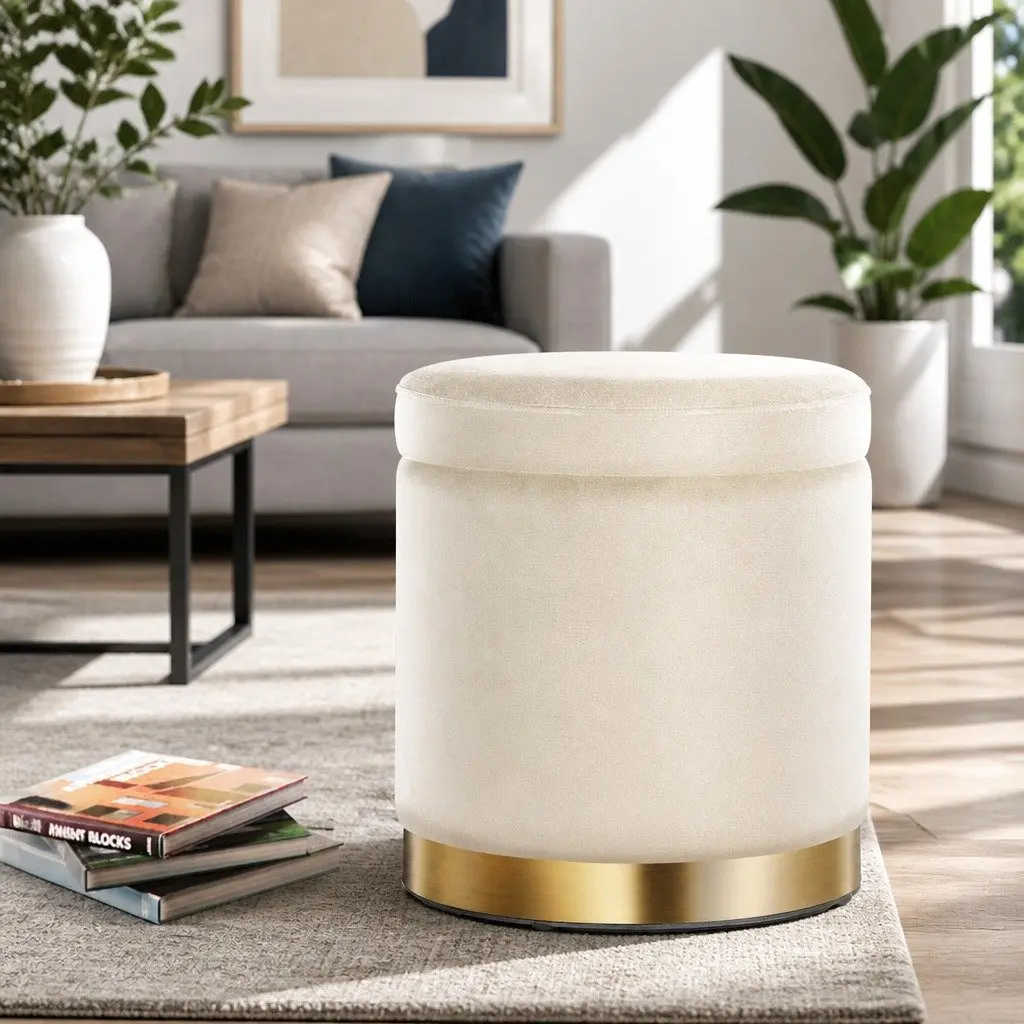 Round Ottoman Storage Velvet Cream 40cm x 40cm x 45cm Tufted Seat
