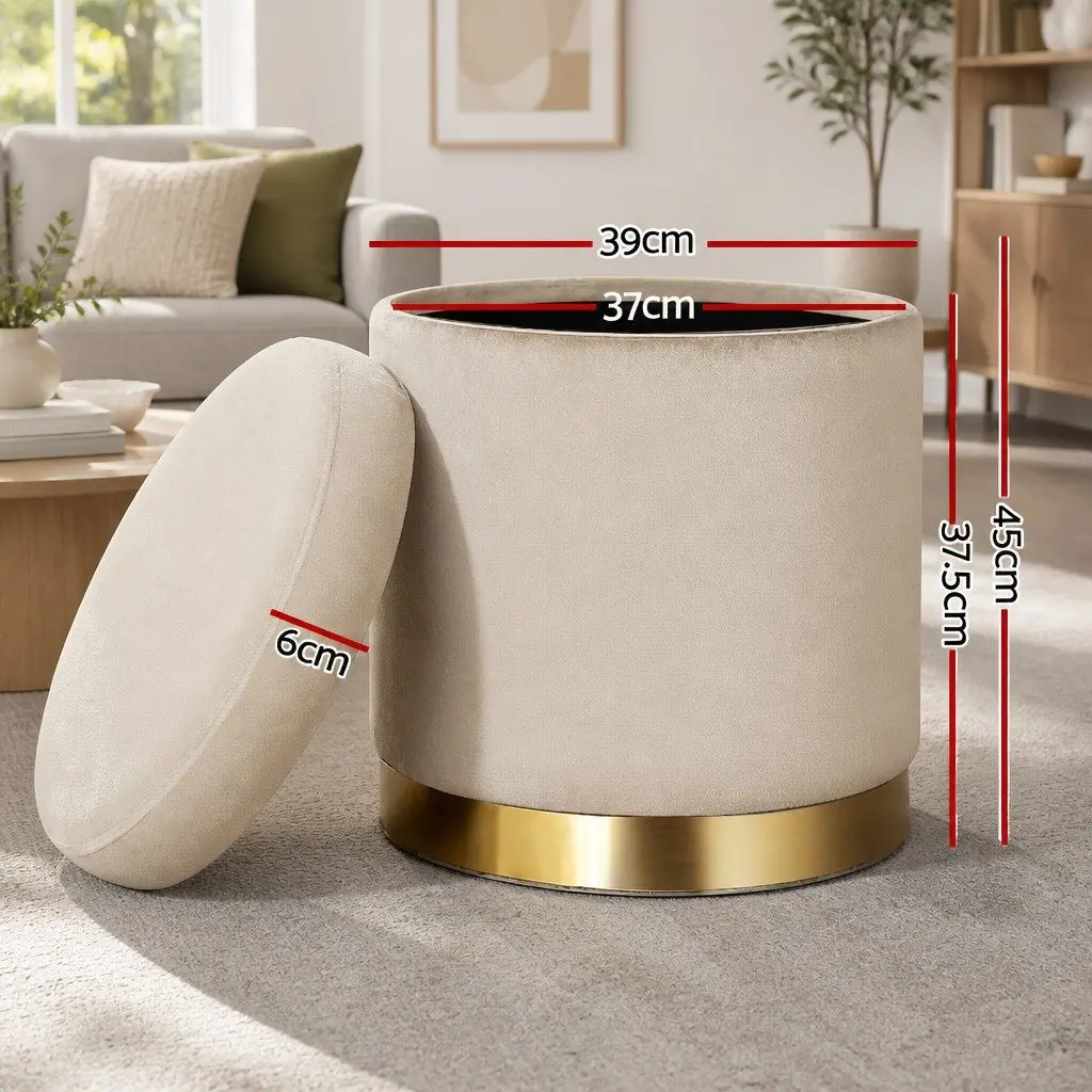 Round Ottoman Storage Velvet Cream 40cm x 40cm x 45cm Tufted Seat
