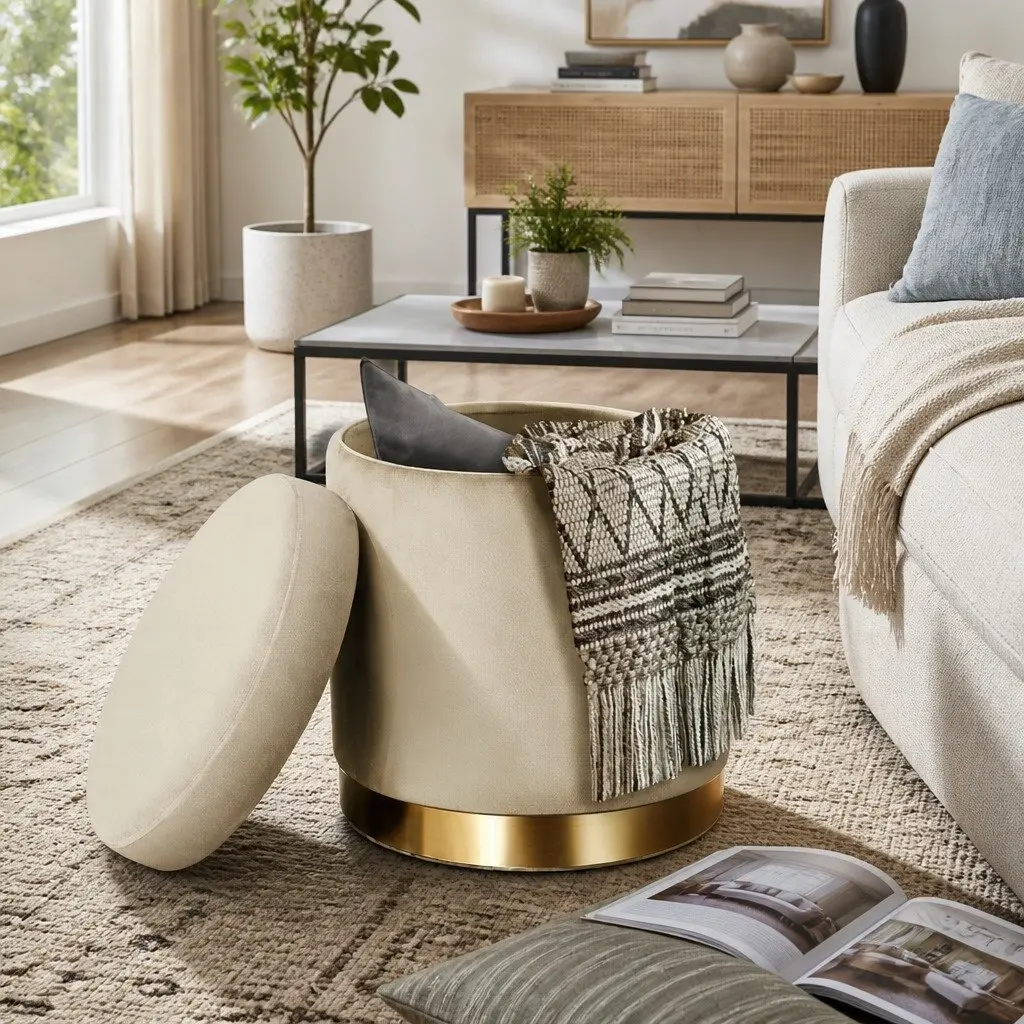Round Ottoman Storage Velvet Cream 40cm x 40cm x 45cm Tufted Seat