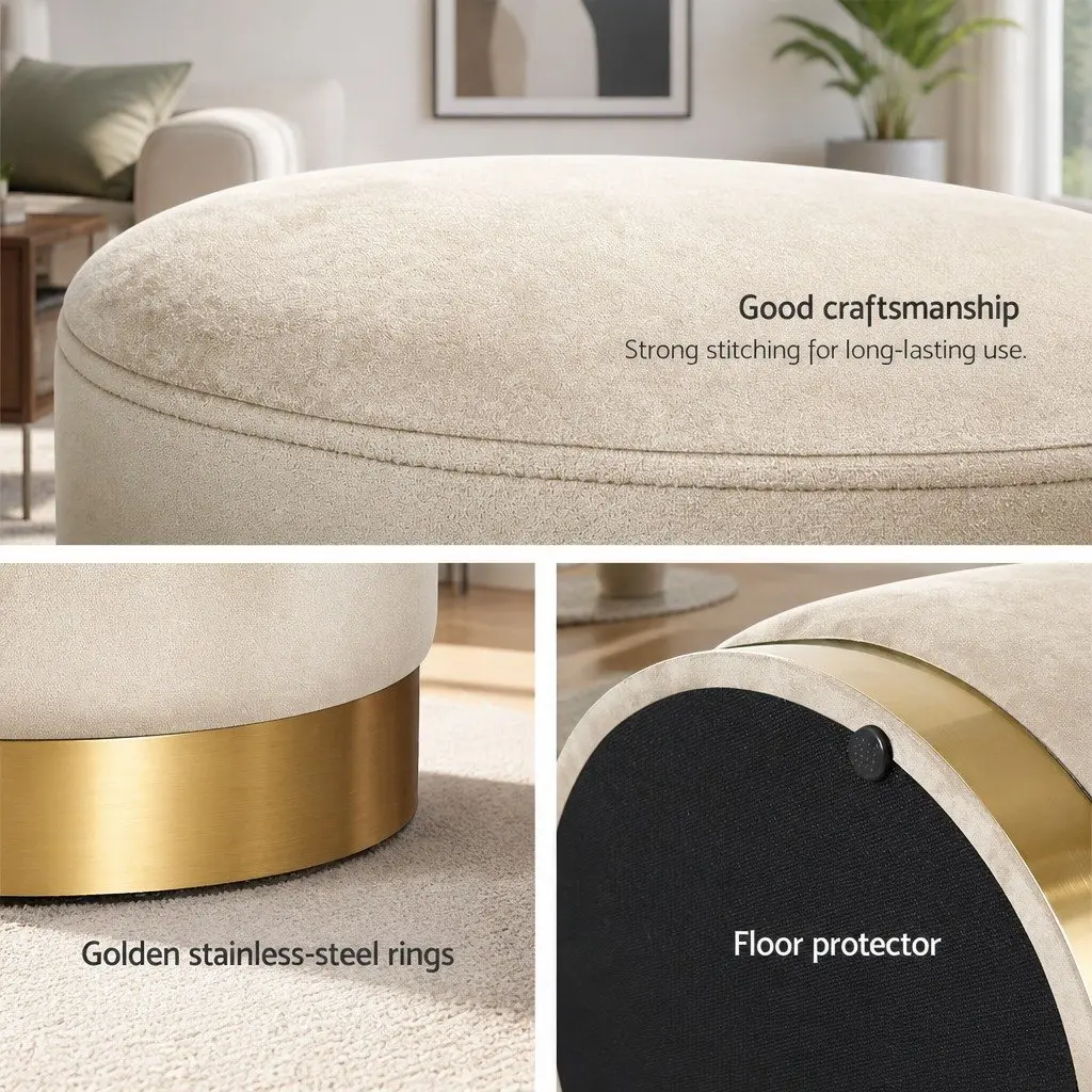 Round Ottoman Storage Velvet Cream 40cm x 40cm x 45cm Tufted Seat