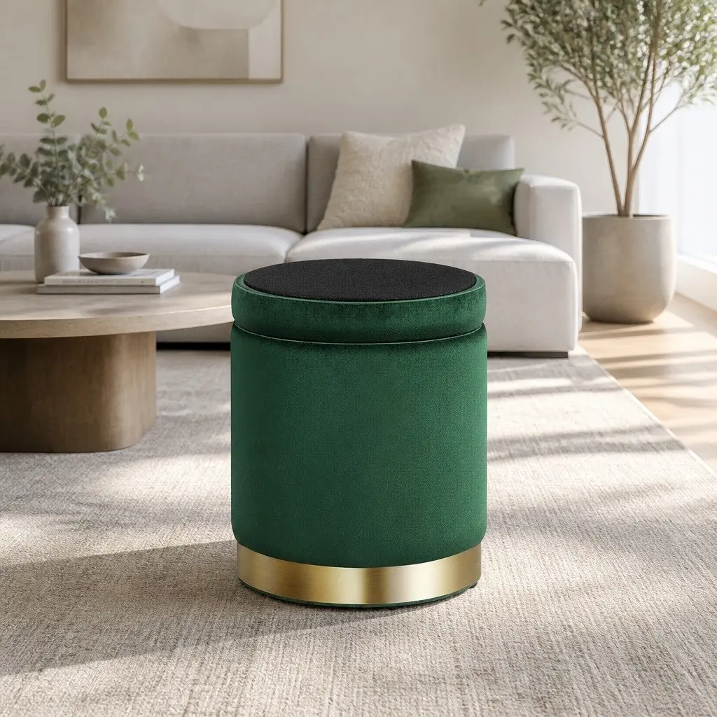 Green Velvet Round Ottoman Storage Foot Stool