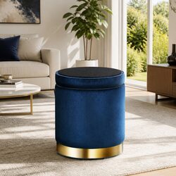 Navy Velvet Tufted Ottoman Footstool with Storage
