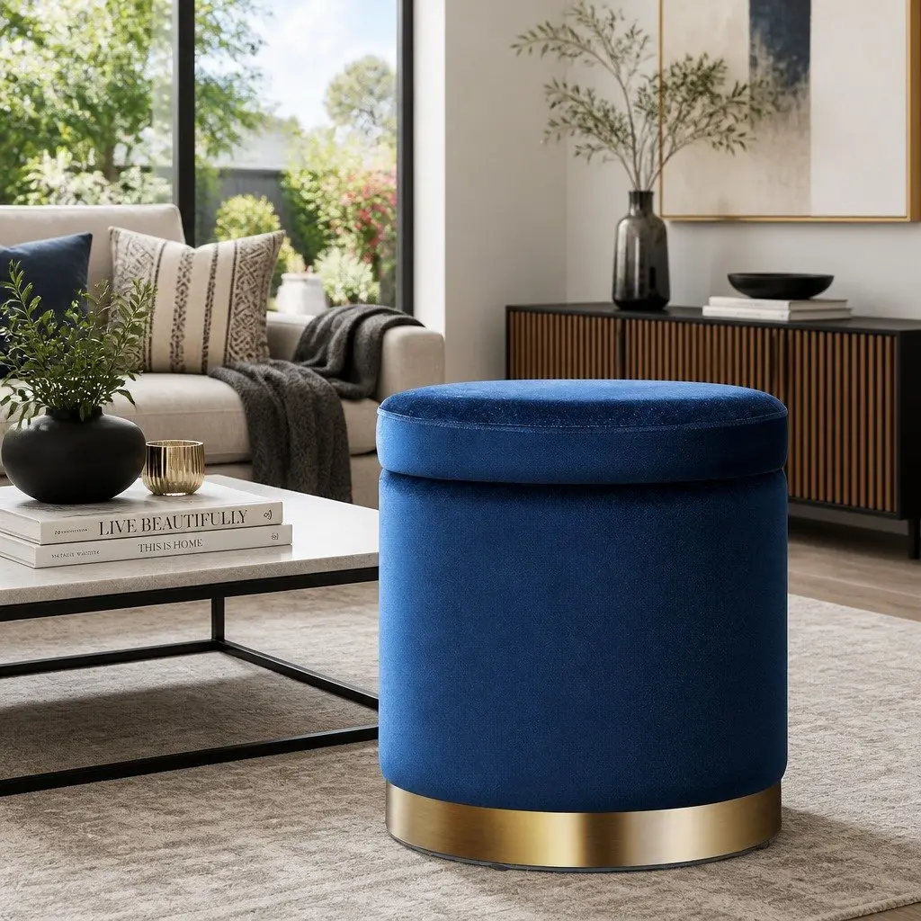 Ottoman Storage Foot Stool Velvet Navy 40cm x 40cm x 45cm Tufted Seat