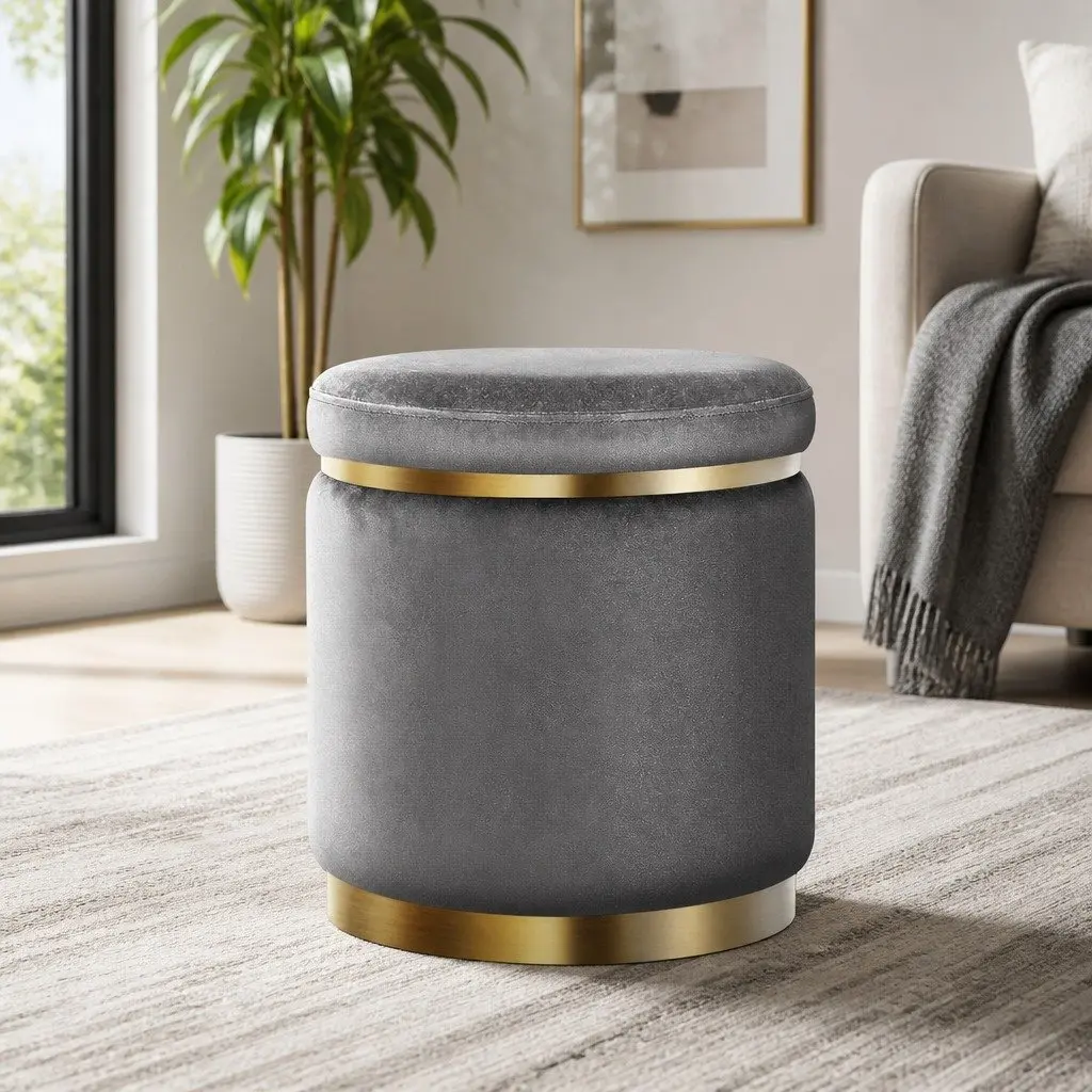 Round Velvet Ottoman Foot Stool in Charcoal Grey