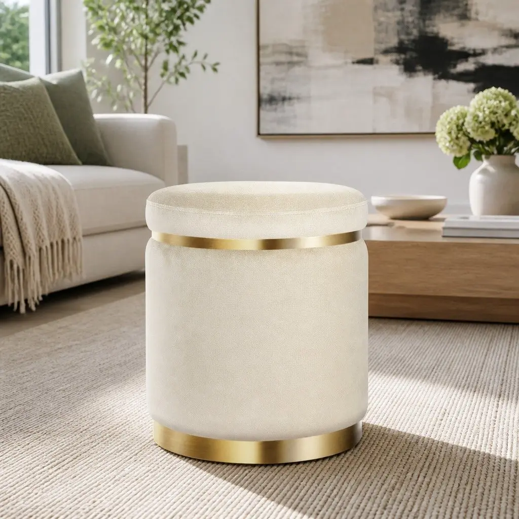 Round Velvet Cream Ottoman Footstool with Tufted Seat