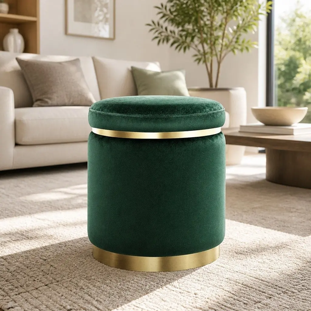 Green Velvet Round Footstool with Sturdy Construction