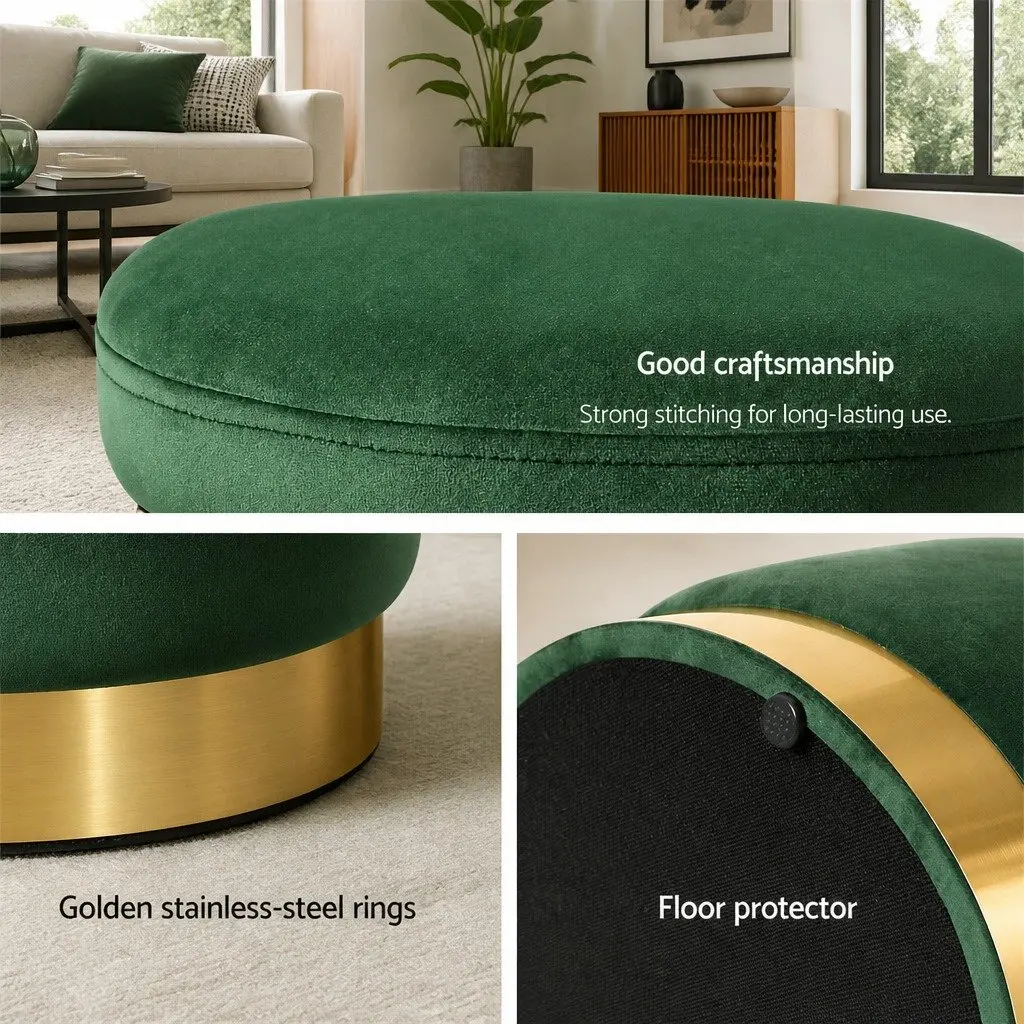 Round Ottoman Footstool Velvet Green 38cm x 38cm x 45cm
