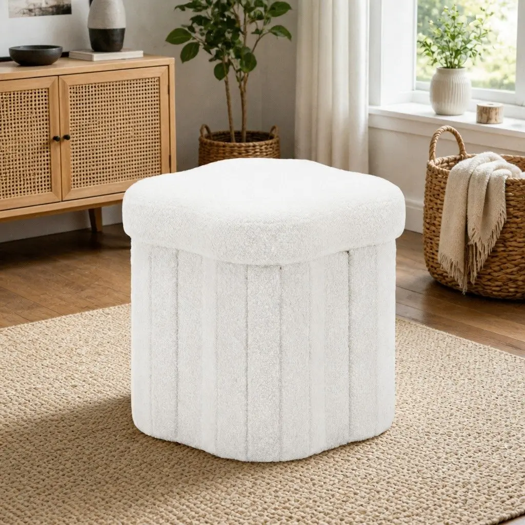 White Boucle Storage Ottoman Foot Stool
