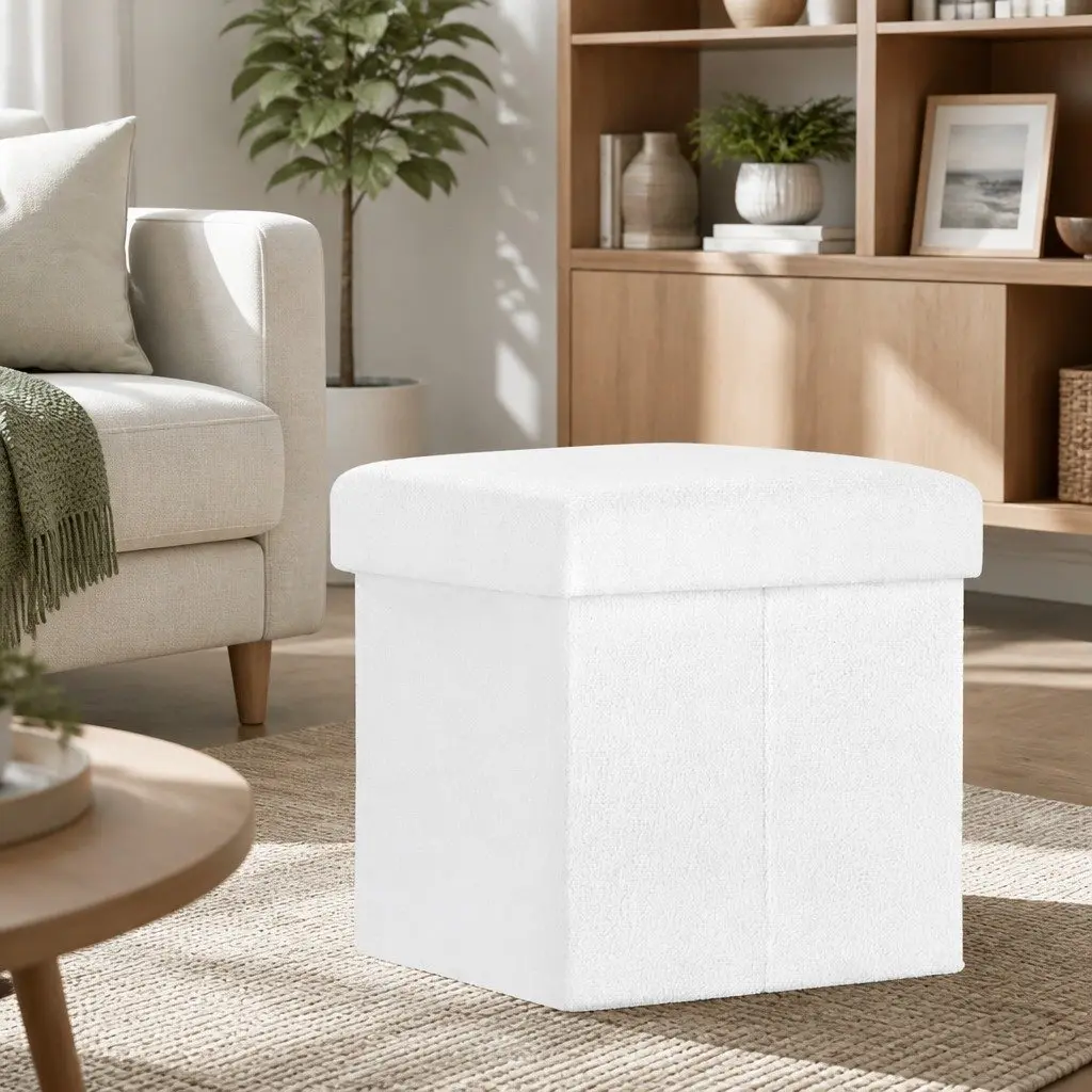 Ottoman Storage Foot Stool in White Teddy Boucle