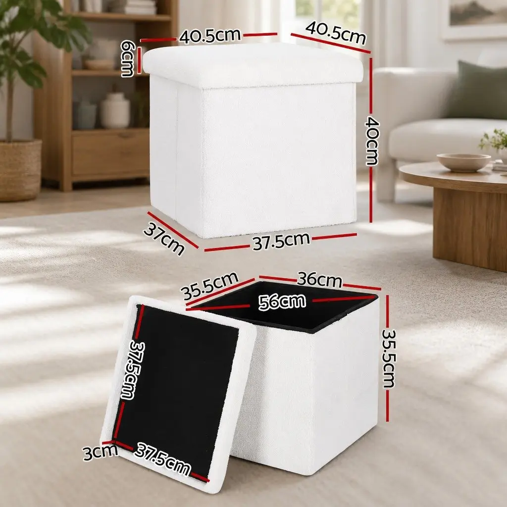 Ottoman Storage Foot Stool Boucle Fabric Square White 40.5cm