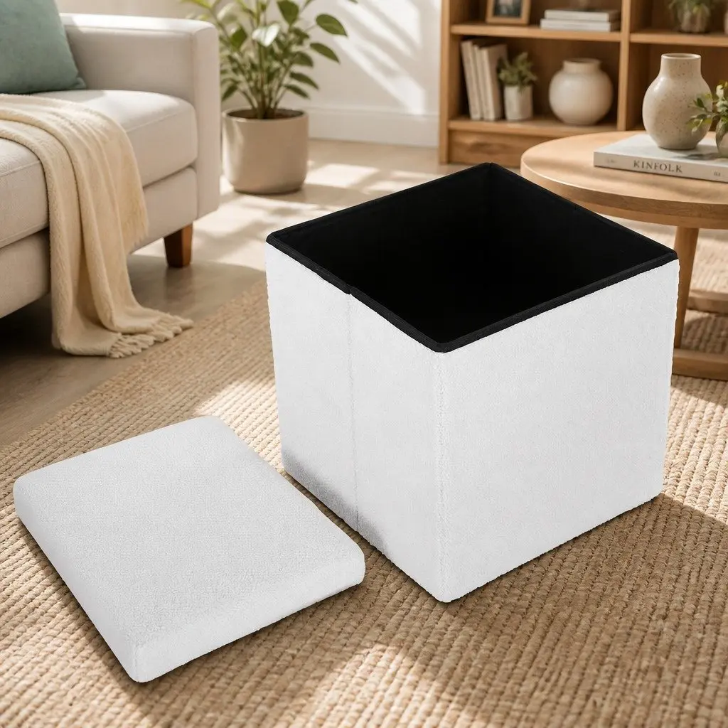 Ottoman Storage Foot Stool Boucle Fabric Square White 40.5cm