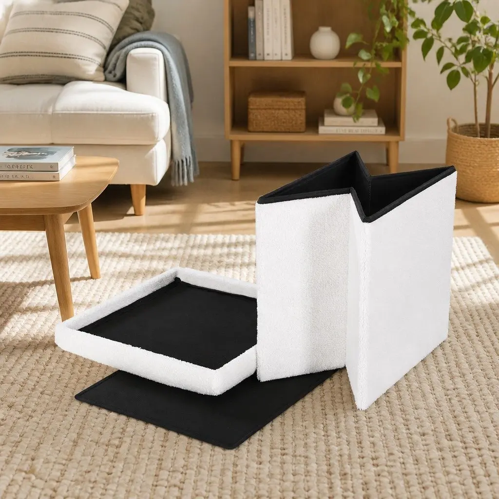 Ottoman Storage Foot Stool Boucle Fabric Square White 40.5cm