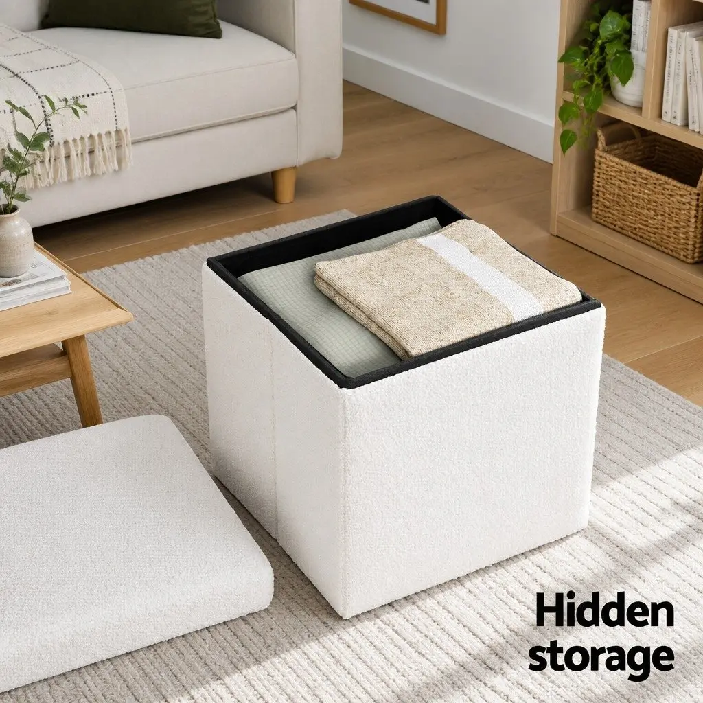 Ottoman Storage Foot Stool Boucle Fabric Square White 40.5cm