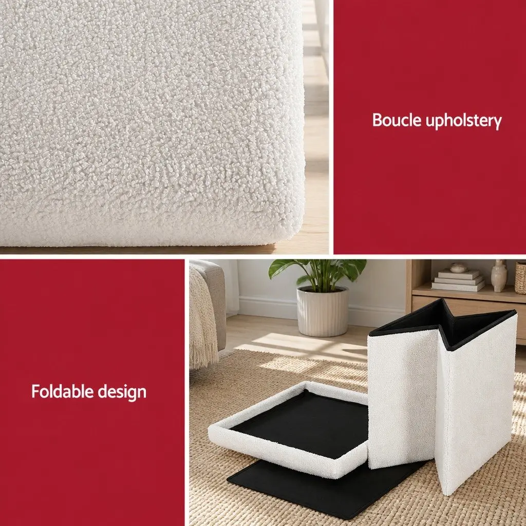 Ottoman Storage Foot Stool Boucle Fabric Square White 40.5cm