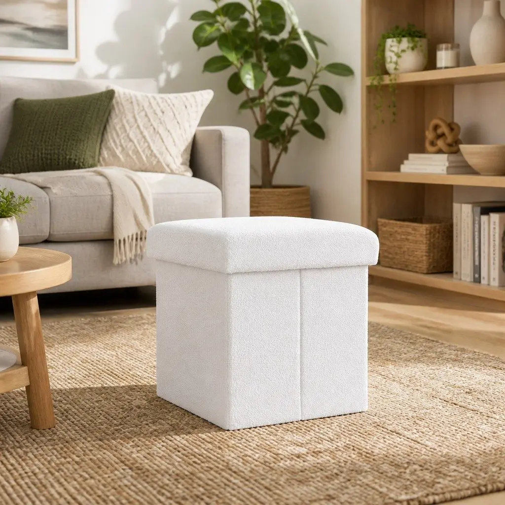 Ottoman Storage Foot Stool Boucle Fabric Square White 40.5cm