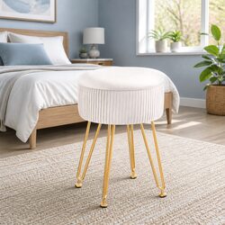 Round Ottoman Storage Footstool Coffee Table Velvet White Padded Seat