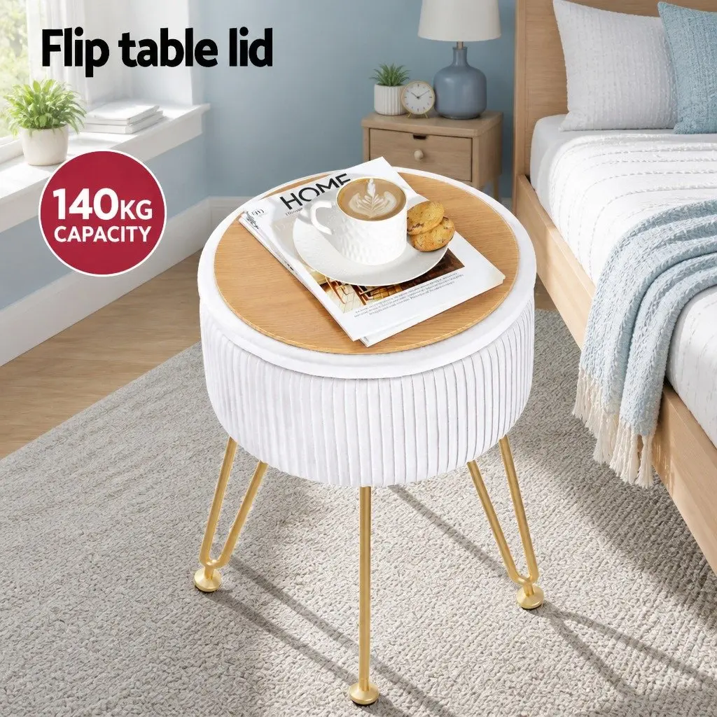 Velvet White Round Ottoman Storage Footstool Coffee Table with Padded Seat and Reversible Top 32cm Width 46cm Height