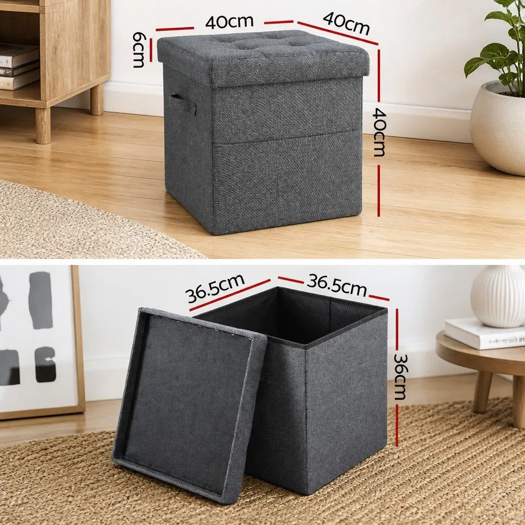 Storage Ottoman Footstool Faux Linen Fabric 40cm Grey