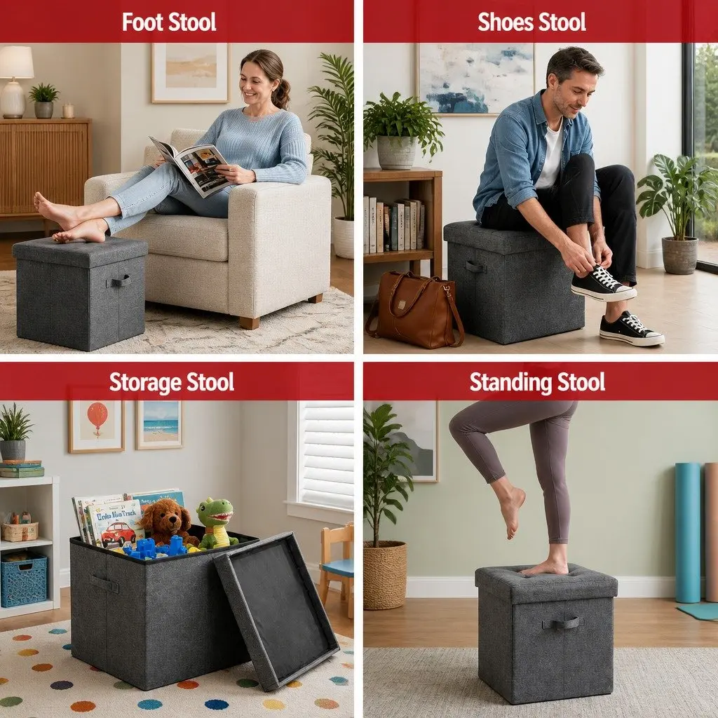 Storage Ottoman Footstool Faux Linen Fabric 40cm Grey