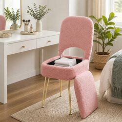 Durable Pink Storage Ottoman Vanity Stool with Folding Backrest