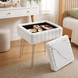 Premium Storage Ottoman Footstool in White Faux Fur